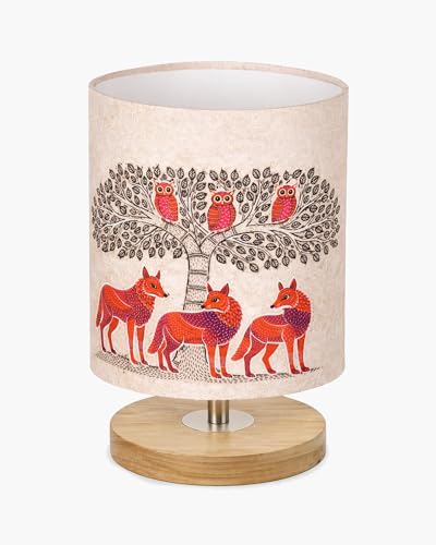 Image of Homesake Pine Table Lamp Wooden Bedside Lamp Simple Bedroom Light Linen Shade Mini Desk Lamp Nightstand Lamp for Bedroom, Living Room, Gift, (Gond Art of India Shade Cylinder)