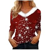 PAIDAXING Camisetas de Navidad para mujer, diseño de árbol de Navidad brillante con estampado de árbol de Navidad, cuello en V, sudadera casual de manga larga para mujer, ropa de Navidad, A02-vino, M