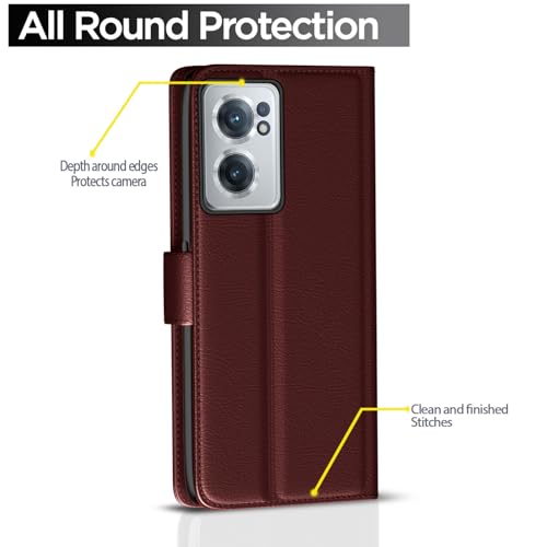 Image of Pikkme Flip Cover for OnePlus Nord CE 2 5G Leather Finish | Inside TPU with Card Pockets | Wallet Stand and Shock Proof | Complete Protection Button Flip Case (Brown)