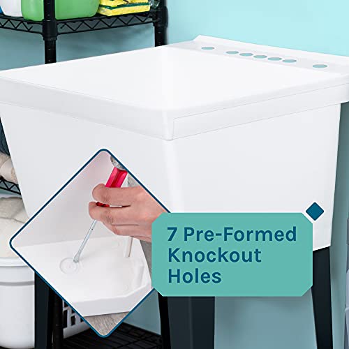 Image of VETTA White Utility Sink Laundry Tub With High Arc Black Kitchen Faucet By VETTA - Pull Down Sprayer Spout, Heavy Duty Slop Sinks For Washing Room, Basement, Garage, or Shop, Free Standing Tubs