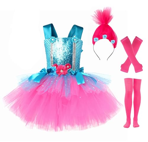 Aceut WYYXXT Girls Princess Poppy Costume Birthday Party Dress Halloween Cosplay Outfits(6-7Y,Blue/Red)