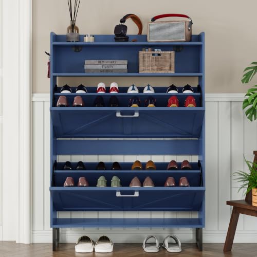 Image of BORNOON Shoe Cabinet with 2 Flip Drawers Narrow Shoe Storage Cabinet Organizer Wooden Freestanding Rack Hidden Slim Storage for Entryway, Hallway, Living Room, Bedroom
