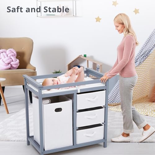 Wooden Baby Changing Table,Modern Baby Changing Station Dresser with Laundry Hamper,Diaper Changing Table,3 Drawer Basket and Changing Pad for Baby Newborn Infant