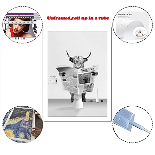 Hhgaoart Funny Highland Cow Wall Art In Bathtub, Humor Animals Bathroom Picture Black And White Canvas Painting Rustic Farmhouse Style Wall Decor (16X24-Unframed,Reading Newspaper) #TOP1