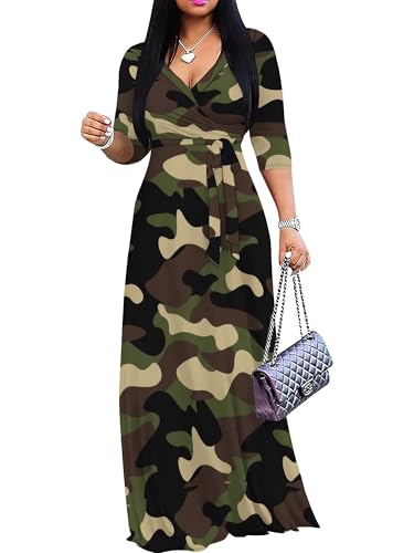 Image of Plus Size Dresses for Women Print Maxi Dresses 3 /4 Sleeve with Belt