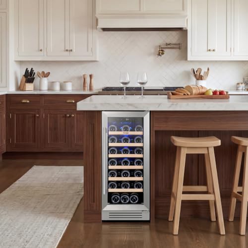 Image of Yeego 15 Inch Wine Fridge - 33 Bottles Wine Cooler with Glass Door, 40-65F Built in Under Counter Freestanding Wine Refrigerator with Adjustable Shelves for Home Bar Office Kitchen