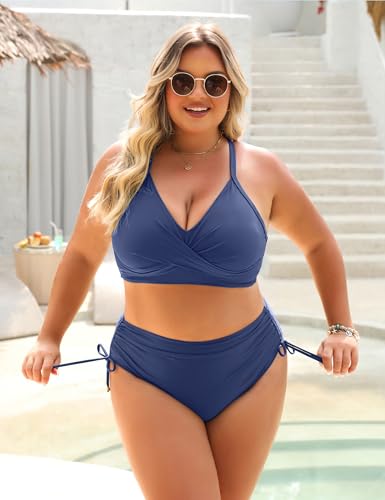 Image of Blooming Jelly Womens High Waisted Bikini Sets Drawstring Tummy Control Swimsuits Crisscross Tie Back Bathing Suit