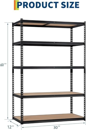 Image of Storage Shelving Unit, 5-Tier Adjustable Metal Storage Shelves, 30 inch L x 12 inch W x 60 inch H Heavy Duty Garage Storage Shelves for Kitchen Pantry Basement Bathroom Laundry
