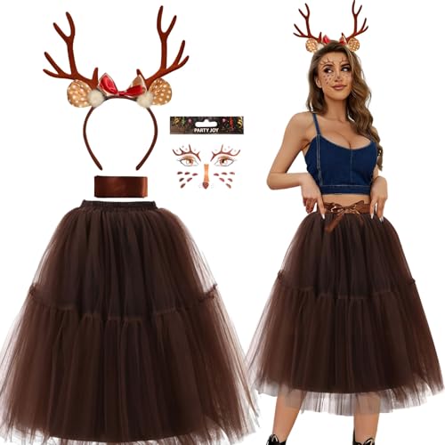 KYOEOE Reh Kostüm Damen,4er Hirsch Kostüm Rentier Haarreif mit Braun Tüllrock Reh Gesichtstattoo Glitter,Geweih Kostüm Damen Rehkostüm Accessoires für Fasching Karneval Halloween Weihnachten Cosplay