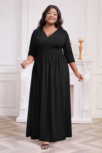 Image of Runwind Plus Size Maxi Dress 3 /4 Sleeve V-Neck Pleated Faux Buttons Pockets