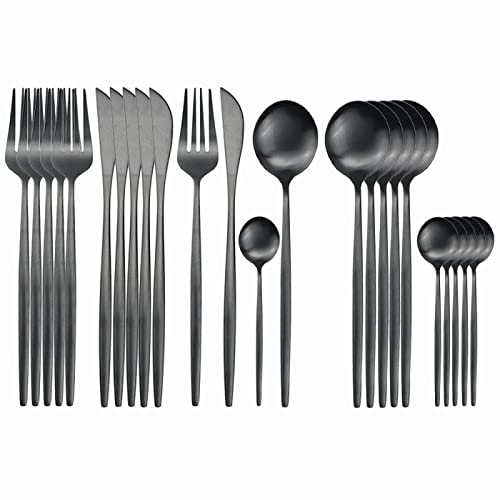24 Unids/Set Juego De Vajilla De Acero Inoxidable Juego De Vajilla Cuchillo Tenedor Cuchara Juego De Cubiertos,Negro