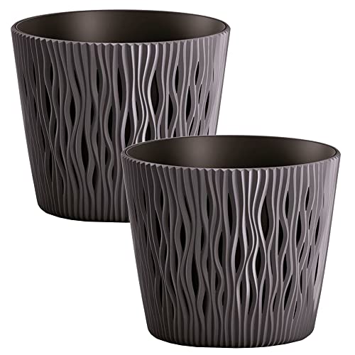 WELLHOME 2 x Sandy Round Plastic Planter in Anthracite Colour (Length) x 18.9 (Width) x 16.5 (Height) cm