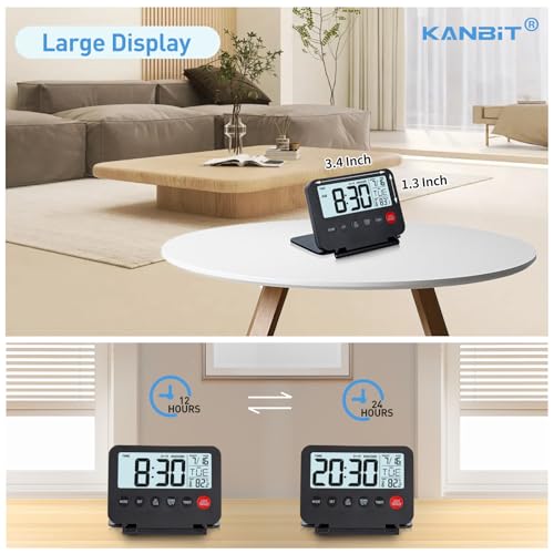 Image of KANBIT Small Digital Travel Alarm Clock, Large LCD Display Front Button with Date & Temperature, Snooze and 8 Seconds Backlight AAA Battery Operated Desk Clock for Home & Office, Black