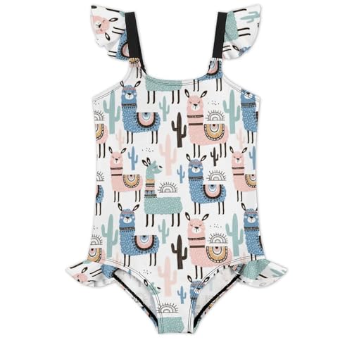 Image of Girls One Piece Swimsuit Cute Alpacas Hearts Stars Ruffles Swimwear Bathing Suits 3-12 Years