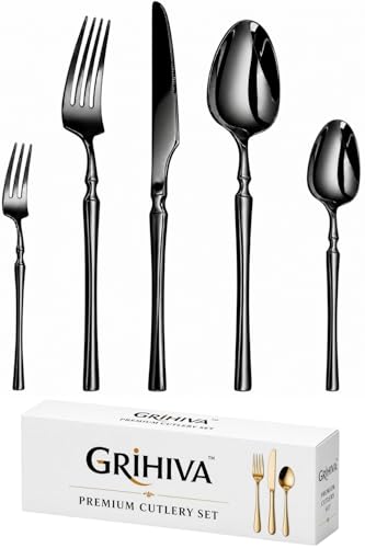 Image of 5 Pcs Black Cutlery Set for Dining Table the Perfect Lightweight Silim Handle Tableware Including Dinner Spoon, Dinner Fork, Dinner Knife, Dessert Spoon & Dessert Fork