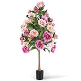Thiccywoov 1 Pack 48'' Artificial Peony Tree, 4FT Faux Plant in Pot with Peonies Flowers, Realistic Artificial Flowers Tree for Indoor Outdoor Office Home Porch Wedding Decor (Pink,Rose Red)