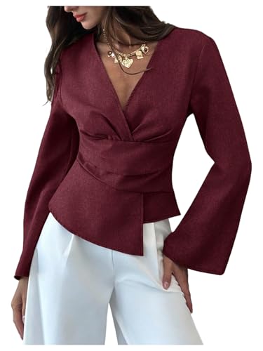 SweatyRocks Women's Wrap Asymmetrical Cinched Waist Tops Dressy Casual V