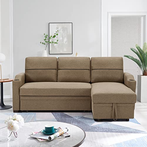 Humeha Reversible Sectional Sofa Couch, Brown Convertible Pull Out Bed Sleeper Sofa With Storage Chaise Lounge, Upholstered L Shaped Couch With 2 Cupholders, Linen Fabric Couches For Living Room #TOP2