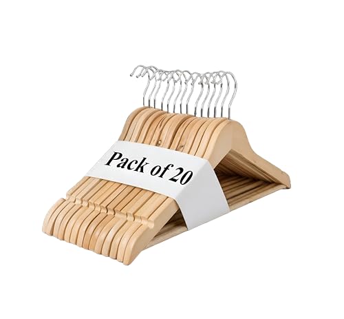 REQUISITE NEEDS Wooden Coat Hangers 20 Pack With 360 Degree Rotatory Hook Strong Shoulder Notches Wardrobe Wooden Garments Hangers Made By Natural Wood and Non-Slip Trouser bar