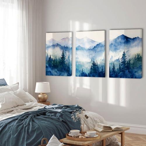 SERIMINO Nature Landscape Canvas Wall Art for Living Room, Forest Mountain Canvas Prints Paintings, Blue Modern Farmhouse Wall Decor for Bedroom Bathroom Set of 3, 20"X28"