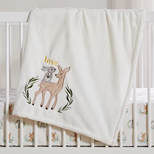 Levtex Baby - Woodland Pals Plush Blanket - Appliqued And Embroidered Bunny And Deer On Cream Plush - Taupe, Grey, Green - Nursery Accessories - Blanket Size: 30 X 40 In. #TOP1