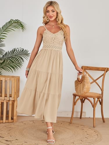 Image of Dokuritu Women's Beach Crochet Lace Maxi Dress Solid Color Summer Vacation Wedding Guest Spaghetti Strap Long Dress
