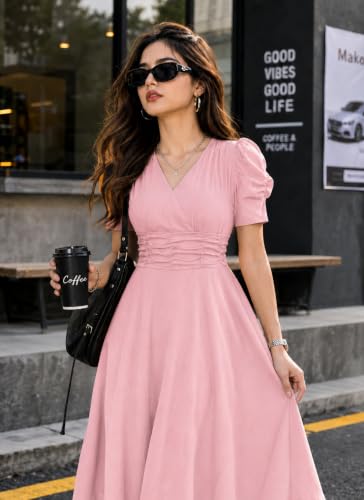 Image of Preneum Girl's & Women's Solid Color V-Neck A-Line Maxi Dress for Women | New Year Party Outfit | Waist Cinched Puff Sleeve Western | Elegant Casual Wear (Availble in Plus Size)