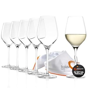 Stölzle Lausitz Weißweingläser Set Exquisit Royal 6er-Set 350 ml inkl. Poliertuch – Edle Weingläser ideal auch für leichte Rotweine & Rosé – Hochwertiger Weißweinkelch aus Kristallglas