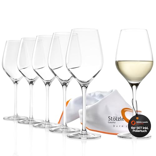 Stölzle Lausitz Weißweingläser Set Exquisit Royal 6er-Set 350 ml inkl. Poliertuch – Edle Weingläser ideal auch für leichte Rotweine & Rosé – Hochwertiger Weißweinkelch aus Kristallglas