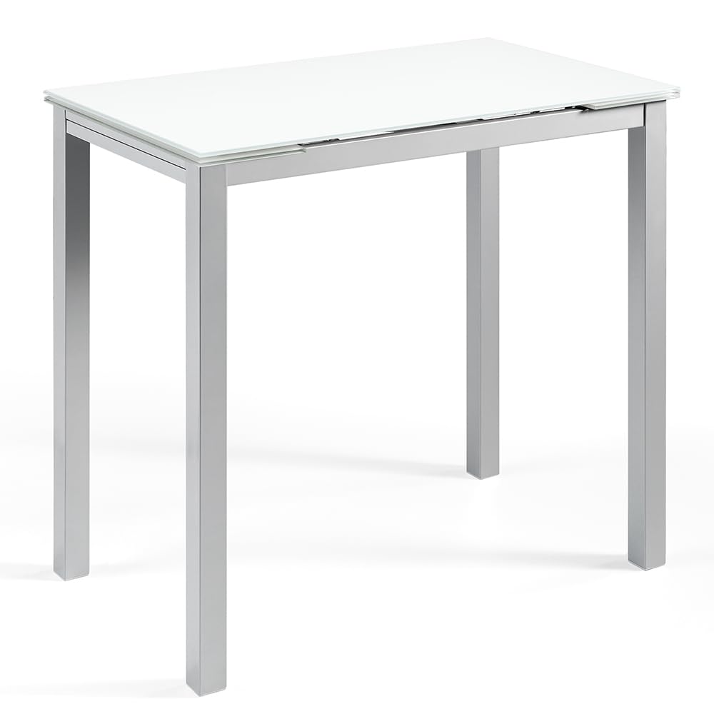 MOMMA HOME Mesa de Cocina o salón Extensible Moderna, CALCUTA, Color Blanco/Plata - Material Cristal Templado/Metal 100/140 x 60 x 76 cm