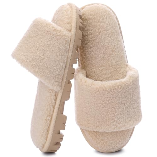 MIXIN Women's Open Toe Slippers Indoor Warm Fuzzy Fur Lining Soft Anti-Slip House Shoes