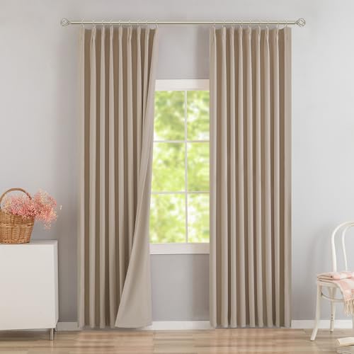 DONREN Sand Pinch Pleated Blackout Curtains with Hooks - 144 inches Extra Long Room Darkening Thermal Insulated Window Curtain Panels for High Ceiling Living Room 2 Panel 40 Wx144 L