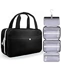 Chakipee Travel Hanging Toiletry Bag for Women - Foldable Toiletries Waterproof Organizer with Clear Window, Lightweight Wash Bags for Essentials, Makeup, Shampoo，Black, Medium
