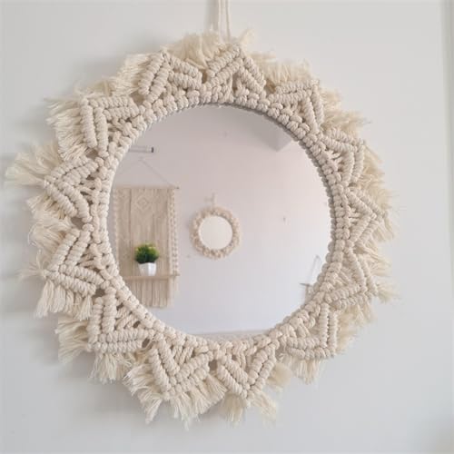 KHiry Hanging Wall Mirror with Macrame Bohemian Fringe Round Mirror Boho Macrame Circle Hanging Mirrors Bohemian Wall Hanging Mirror Decorative for Living Room Bedroom Home Decor - Image 7