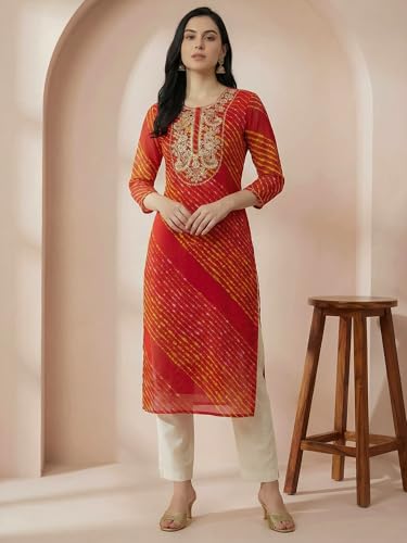 Image of INDO ERA Women's Georgette Leheriya Printed Straight Calf Length Kurtas (IEAI12232)