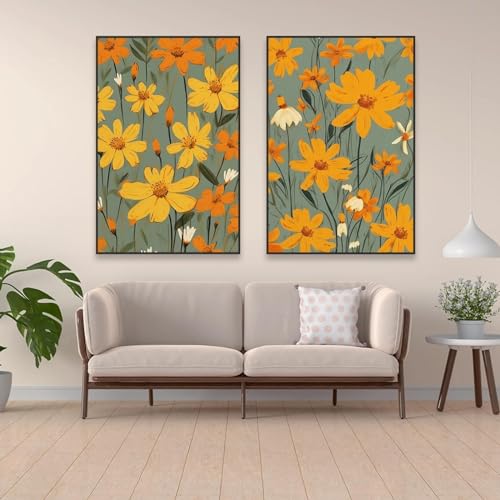 Peinture sur toile botanique marguerite jaune 40x60cm minimaliste