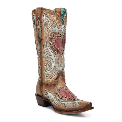 Women's Sand Heart Inlay, Embroidery, Studs, and Woven Barbed Wire Snip Toe Cowboy Boots –A5090