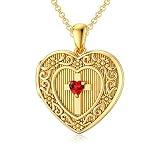SOULMEET 18K Plated Gold Cross Birthstone July Simulated Ruby Locket Necklace That Holds 1 Picture Photo Locket Gift (Locket only)