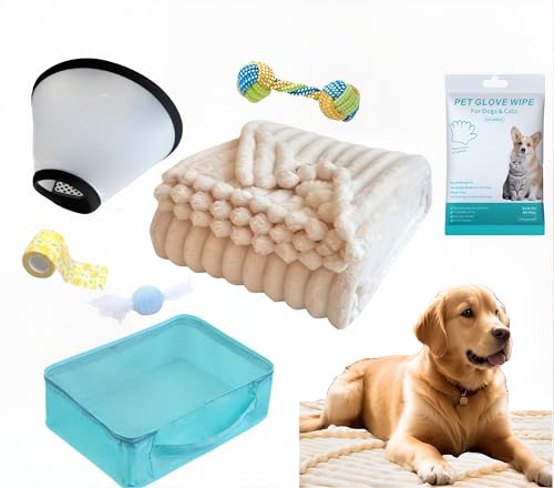 8 Pcs Surgery Recovery Kit for Dogs Cats – Fluffy Dog Blanket (28''x40'')– Get Well Soon –Adjustable Dog Cone ,Cleaning Wipes,2Calming Toy, 2Bandages & Bag –Sympathy Gift for Pet (M)
