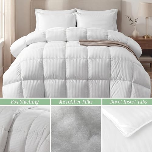 Image of Elegant Comfort Premium Hotel Quality 100% Egyptian Cotton, 3-Piece Stripe Down Alternative Cotton Comforter Set - Box Stitched - Duvet Insert with 4 Corner Tabs, King, White