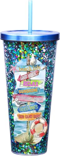 Spoontiques Large Beach Glitter Cup Tumbler with Stainless Steel Lid and Straw - 32oz, 9.25" Tall - Acrylic