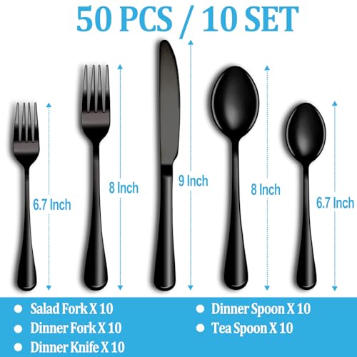 Image of 50 Pcs Black Silverware Set, Stainless Steel Flatware Set Service for 10, Mirror Polished Cutlery Utensil Sets, Durable Home Kitchen Eating Tableware Sets, Include Fork Knife Spoon, Dishwasher Safe
