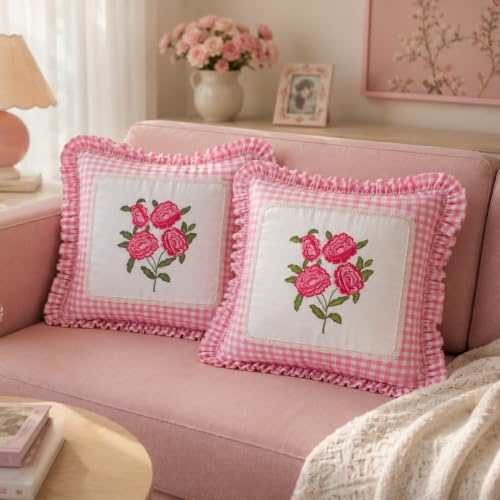 Image of Embroidered & Fringed Cushion Cover | Decorative Throw Pillow Cover for Sofa Couch Bedroom | Floral Embroidery with Hidden Zipper Closure | Elegant Home Decor Accent