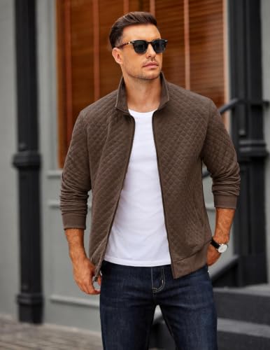 COOFANDY Mens Zip Up Sweatshirt Jacket Zip Up Sweater Quilted Sweatshirt Casual Lightweight Jacket Fall Outfits Brown — view 4