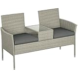 Outsunny 2 Seat Rattan Garden Bench, Patio Wicker Chair with Glass Tea Table, Outdoor Love Seat with Padded Cushions, for Garden, Porch, Mixed Grey/Grey