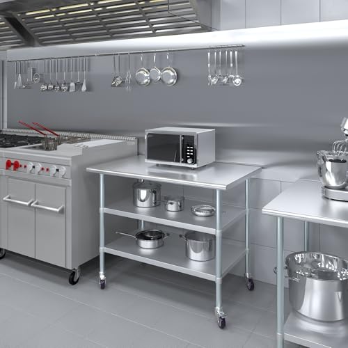 Image of AmGood Stainless Steel Work Table with 2 Shelves and Casters | Metal Utility Table On Wheels (Stainless Steel Work Table with 2 Shelves + Casters, 48 inch Long x 30 inch Deep)