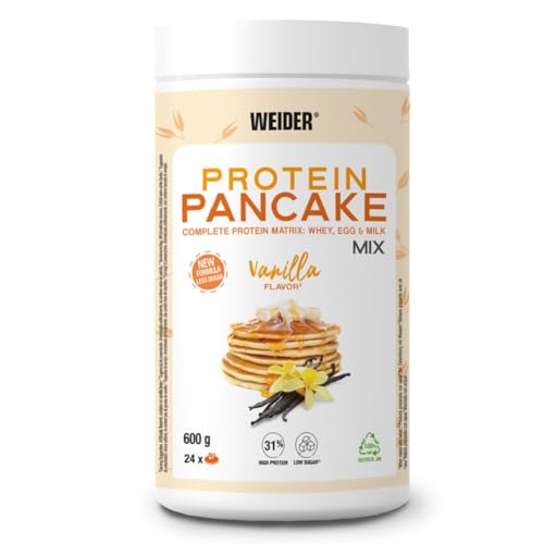 Weider Pancake misto de proteína. Panquecas de farinha de aveia integral, enriquecidas com proteínas. Sabor de baunilha, cor branca, 600 ml