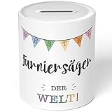 JUNIWORDS Spardose aus Keramik mit Motiv / Spruch: Bester Furniersäger der Welt