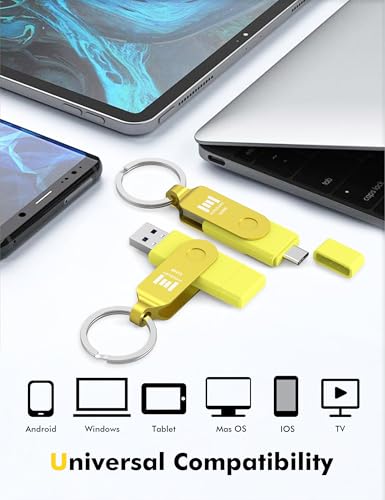 Image of MOSDART 512GB USB C & A 3.2 150MB /s Dual Flash Drive with Keychain, Yellow | Fits Android Phones, iPhone 15, 16, 17, Macbook, iPad, For Photos and Videos, USB-C Port Protection, Phone Case Friendly