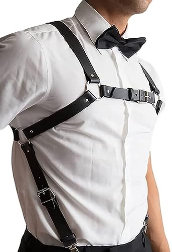 Mens Black Leather Armors Suspenders Shoulder Strap Body Chest Harness Chain Belt Adjustable Gay Punk Clubwear Costume